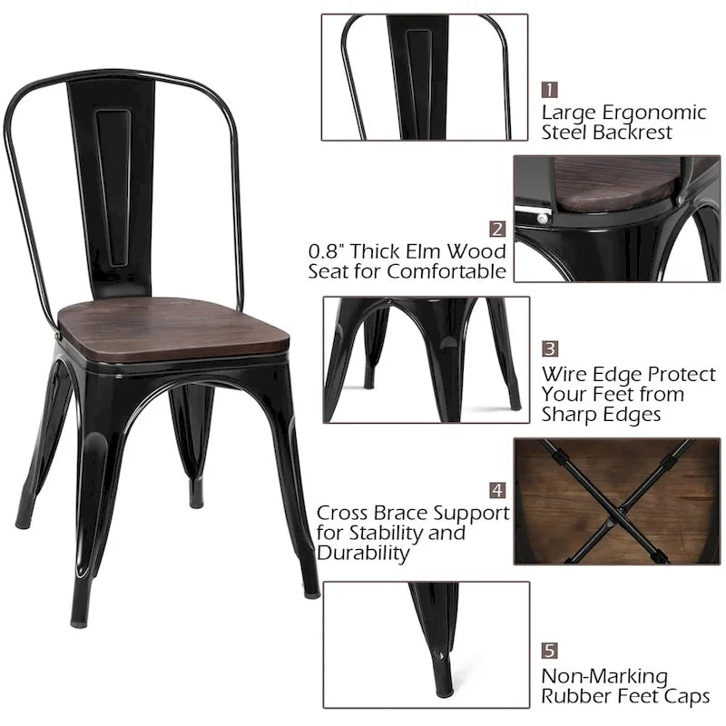 Set of 4 Stackable Bistro Cafe Dining Chairs with Metal Frame and Wooden Seat - Details Inside 5