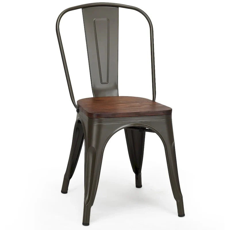 Set of 4 Stackable Bistro Cafe Dining Chairs with Metal Frame and Wooden Seat - Details Inside 8