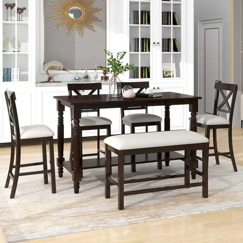 Nestfair 6-Piece Counter Height Dining Set with Chairs and Bench 25