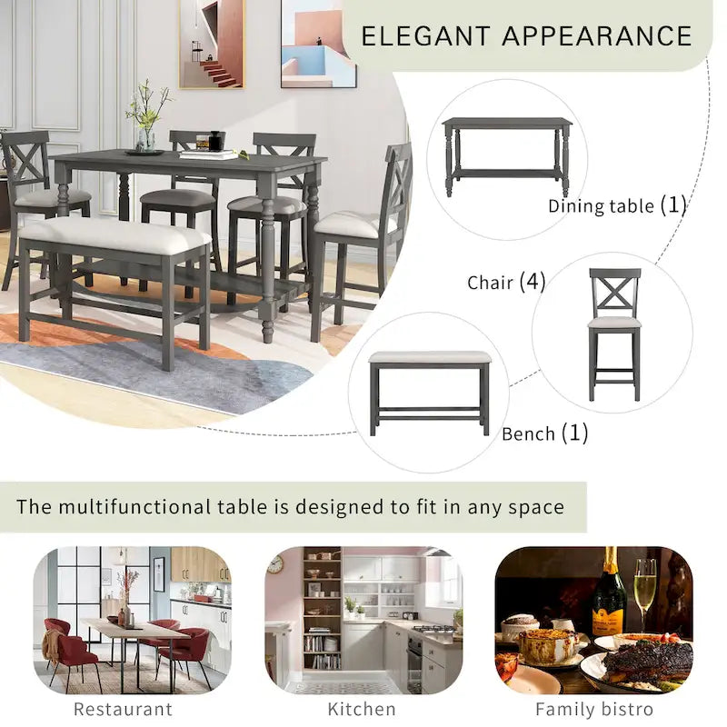 Nestfair 6-Piece Counter Height Dining Set with Chairs and Bench 7