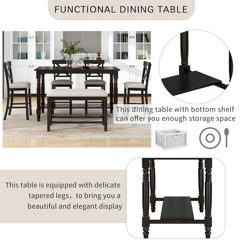 Nestfair 6-Piece Counter Height Dining Set with Chairs and Bench 16