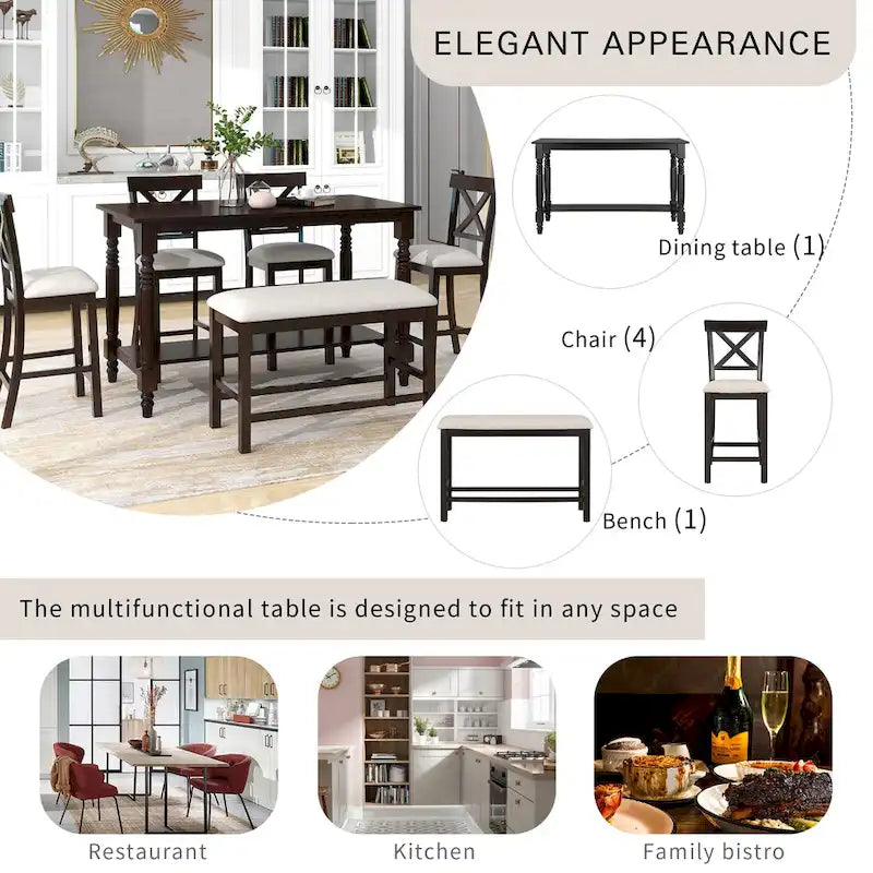Nestfair 6-Piece Counter Height Dining Set with Chairs and Bench 18