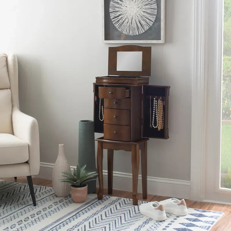 Serena Walnut Jewelry Armoire with Mirrored Finish 2