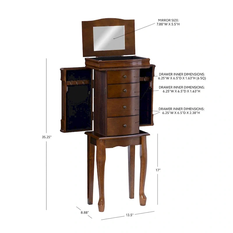 Serena Walnut Jewelry Armoire with Mirrored Finish 7