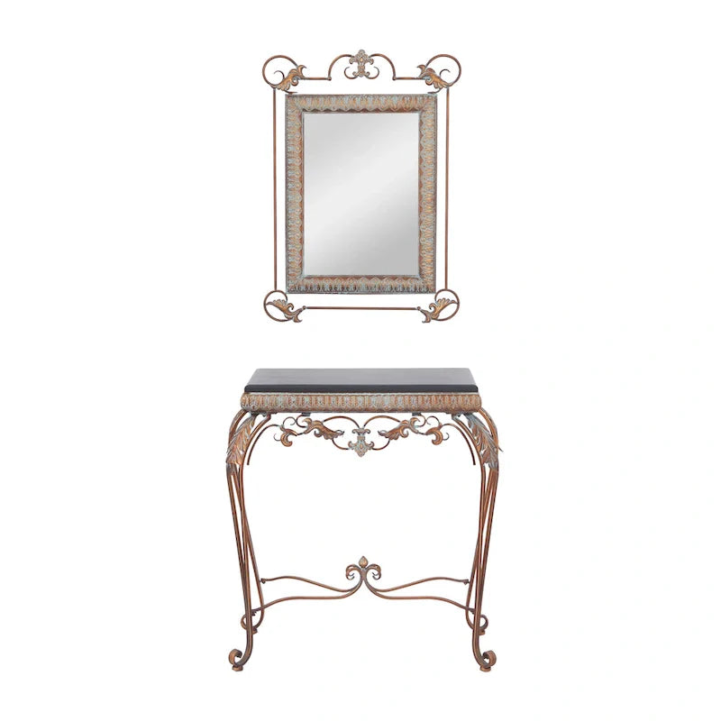 Set of 2 Bronze Metal Leaf Console Tables with Mirrors and Scrolled Legs - Roche River Decor - Dimensions: 1W x 23L x 32H 1
