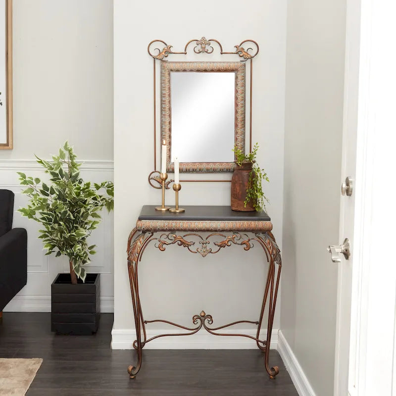 Set of 2 Bronze Metal Leaf Console Tables with Mirrors and Scrolled Legs - Roche River Decor - Dimensions: 1W x 23L x 32H 2