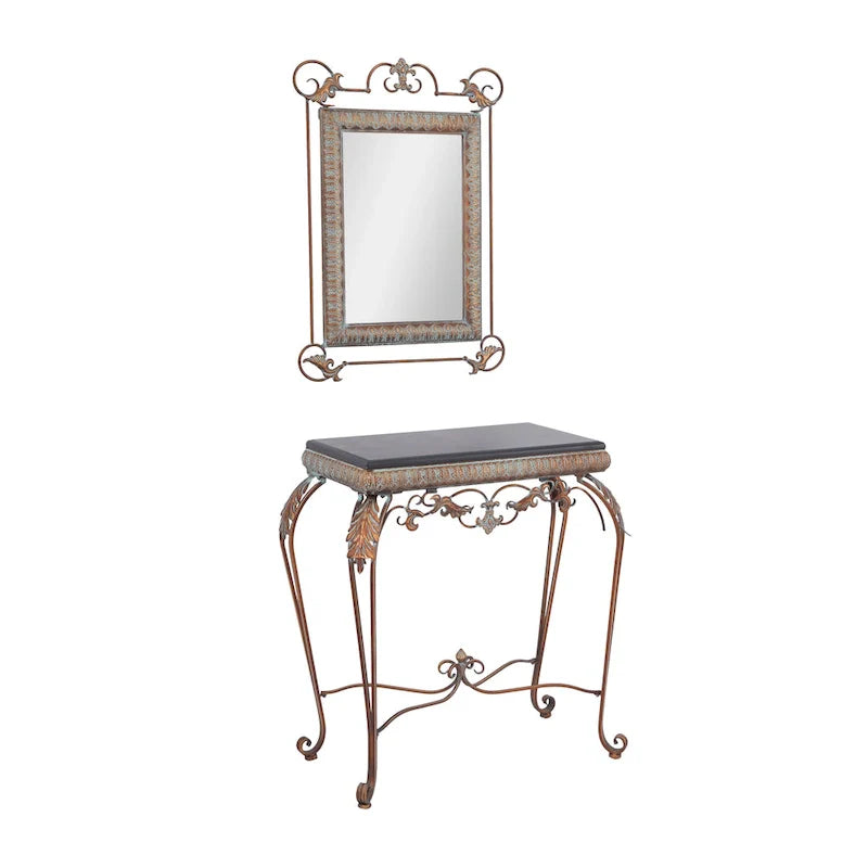 Set of 2 Bronze Metal Leaf Console Tables with Mirrors and Scrolled Legs - Roche River Decor - Dimensions: 1W x 23L x 32H 3