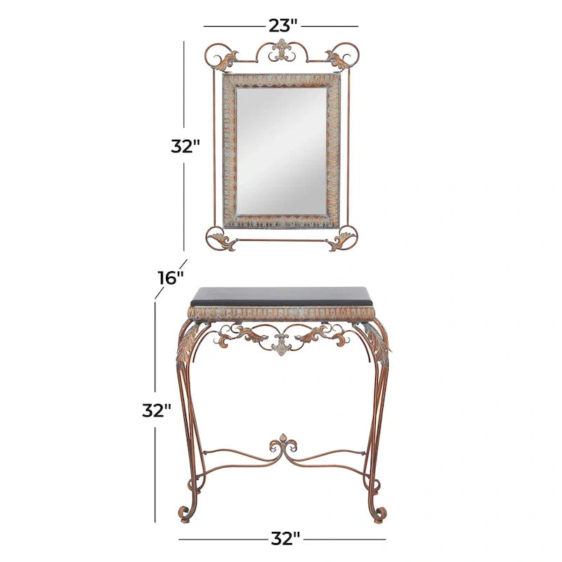 Set of 2 Bronze Metal Leaf Console Tables with Mirrors and Scrolled Legs - Roche River Decor - Dimensions: 1W x 23L x 32H 6