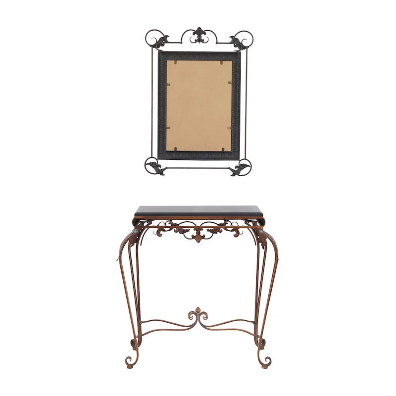 Set of 2 Bronze Metal Leaf Console Tables with Mirrors and Scrolled Legs - Roche River Decor - Dimensions: 1W x 23L x 32H 7