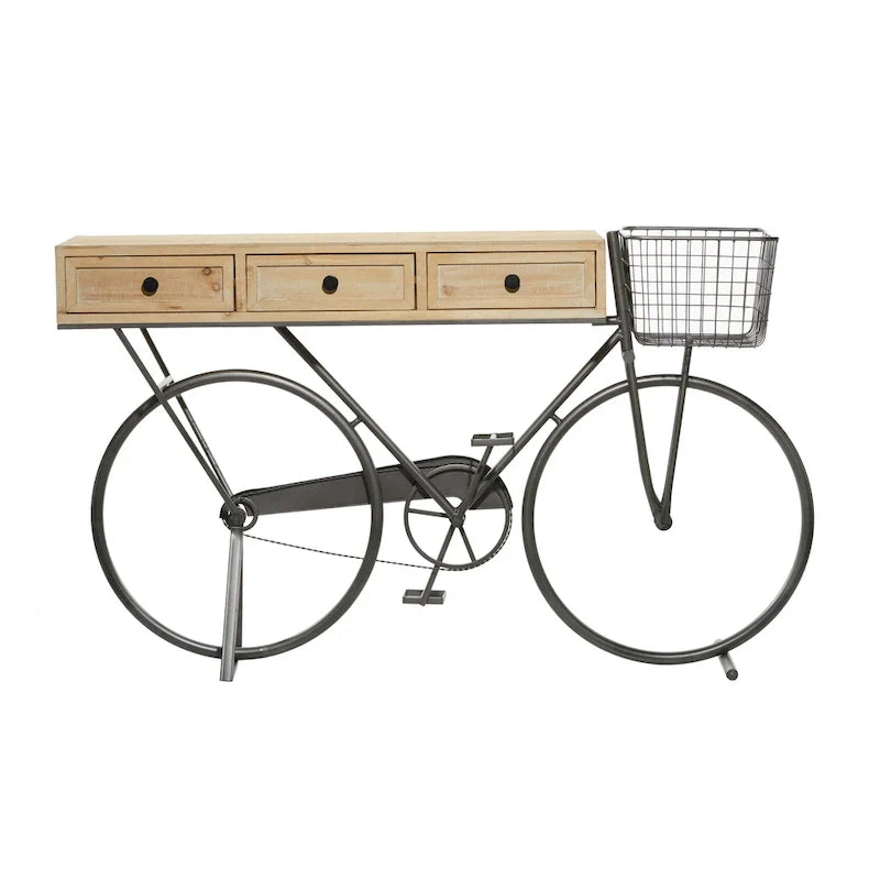Roche River Decor Metal Console Table with 3 Drawers and Brown Wood Top - Black Finish - Dimensions: 15"W x 58"L x 34"H 1