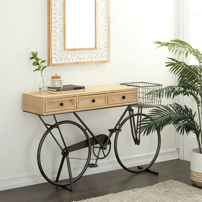 Roche River Decor Metal Console Table with 3 Drawers and Brown Wood Top - Black Finish - Dimensions: 15"W x 58"L x 34"H 2