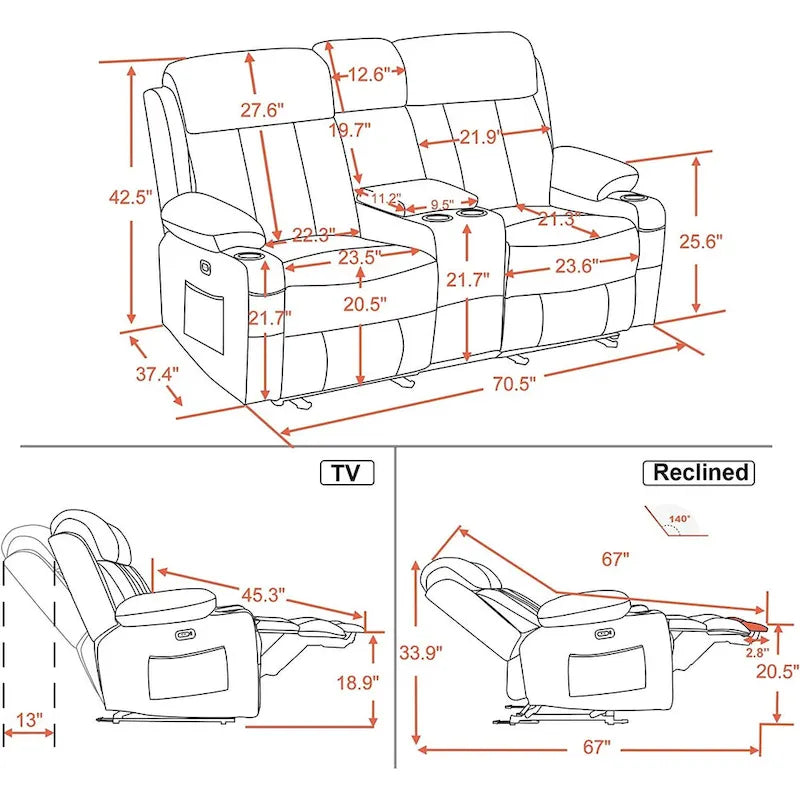 MCombo Faux Leather Electric Reclining Sofa with Heat and Massage - Models 6095/6075/6077 23
