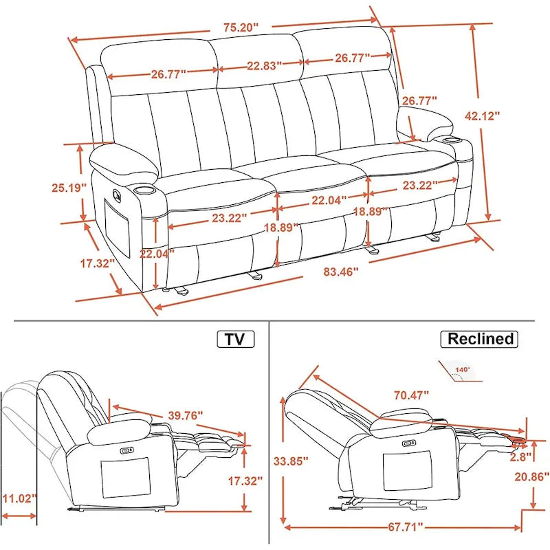 MCombo Faux Leather Electric Reclining Sofa with Heat and Massage - Models 6095/6075/6077 29