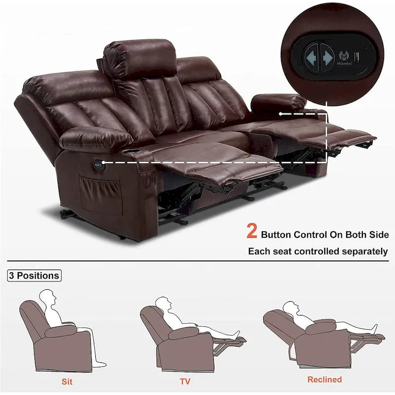 MCombo Faux Leather Electric Reclining Sofa with Heat and Massage - Models 6095/6075/6077 34