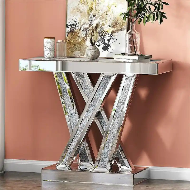 Contemporary Silver Console Table with Crushed Diamond Inlay for Entryway 1