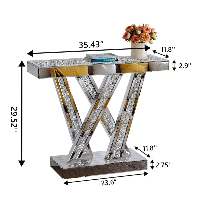 Contemporary Silver Console Table with Crushed Diamond Inlay for Entryway 2
