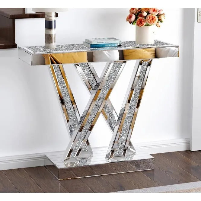 Contemporary Silver Console Table with Crushed Diamond Inlay for Entryway 7