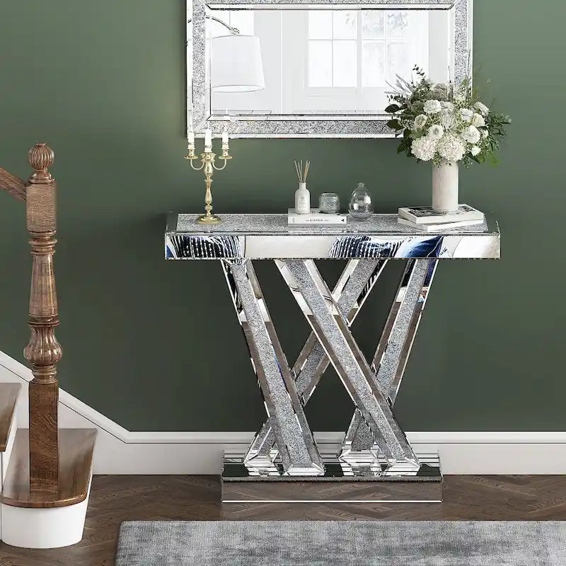 Contemporary Silver Console Table with Crushed Diamond Inlay for Entryway 8