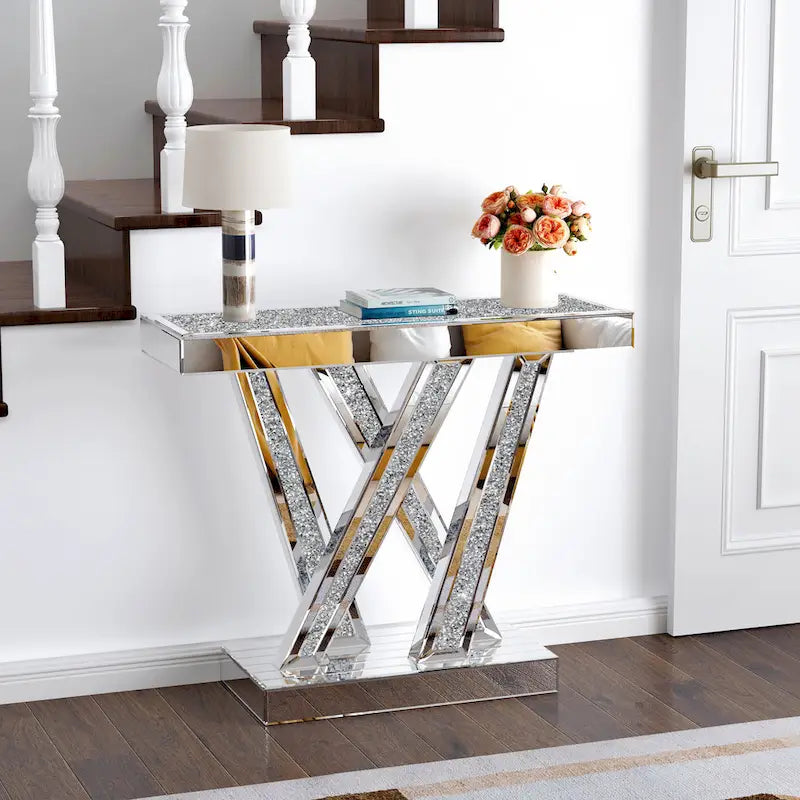 Contemporary Silver Console Table with Crushed Diamond Inlay for Entryway 9