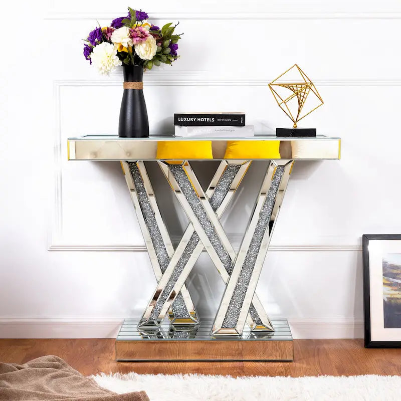 Contemporary Silver Console Table with Crushed Diamond Inlay for Entryway 10