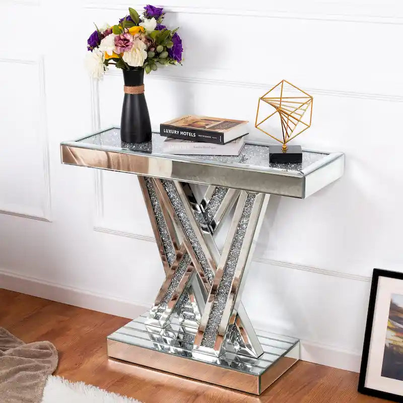 Contemporary Silver Console Table with Crushed Diamond Inlay for Entryway 11