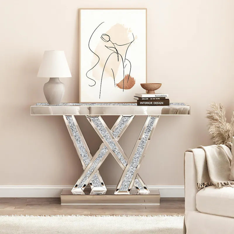 Contemporary Silver Console Table with Crushed Diamond Inlay for Entryway 14