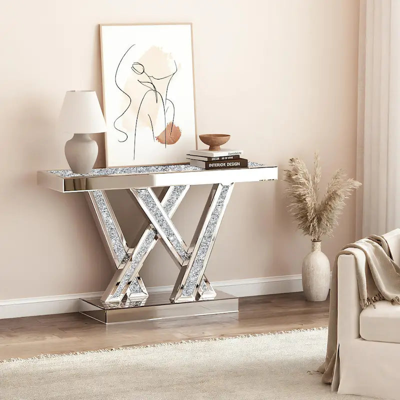Contemporary Silver Console Table with Crushed Diamond Inlay for Entryway 17