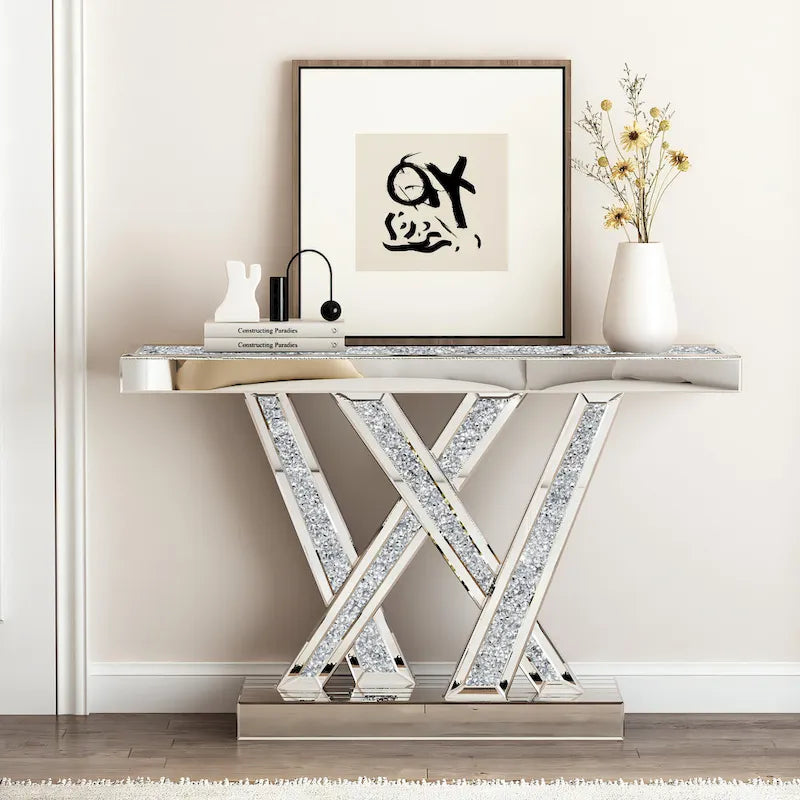 Contemporary Silver Console Table with Crushed Diamond Inlay for Entryway 18