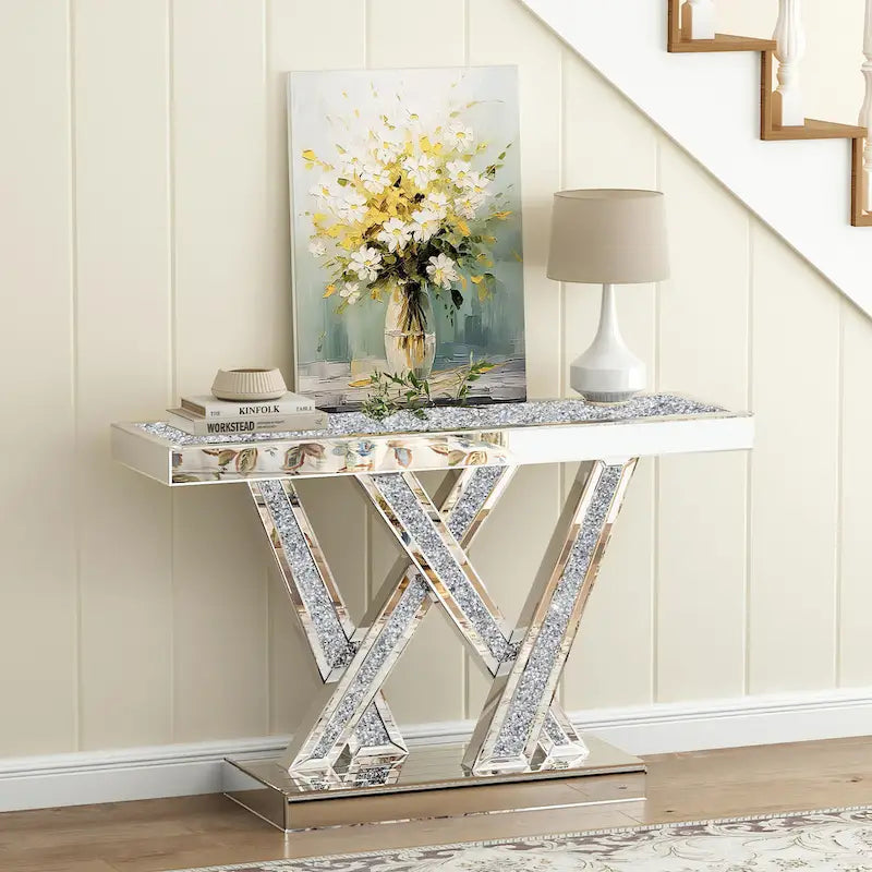 Contemporary Silver Console Table with Crushed Diamond Inlay for Entryway 19