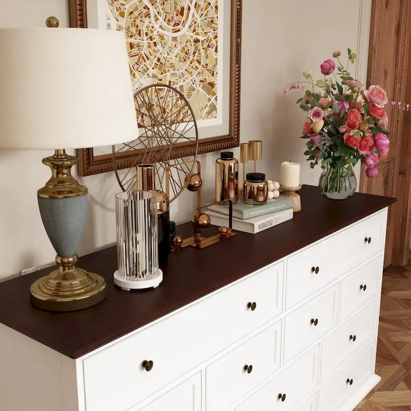 Stylish Brown and White Dresser with Generous Storage Space and Side Table 4
