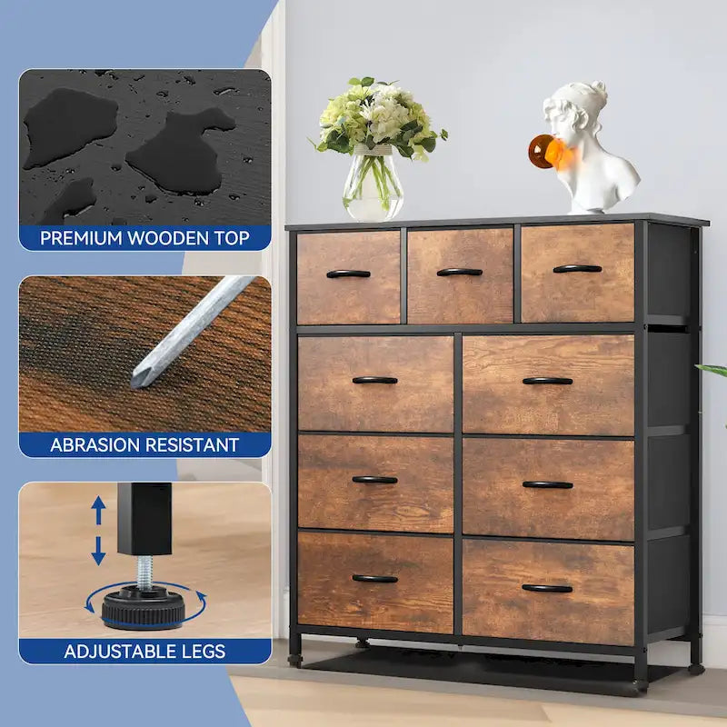 Moasis Rustic Wood-Style Bedroom Dresser with Metal Frame and Wooden Surface 11