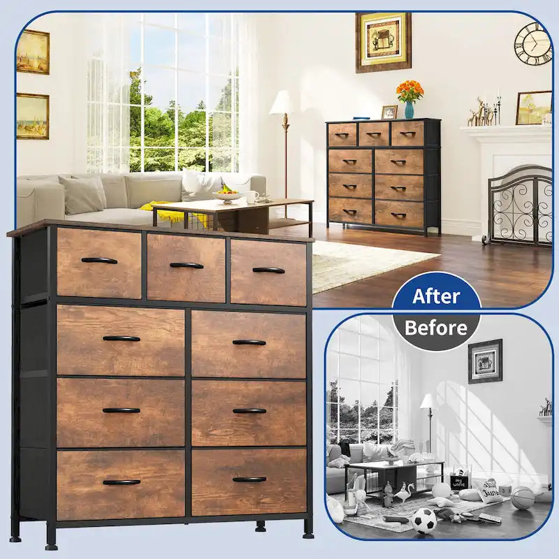 Moasis Rustic Wood-Style Bedroom Dresser with Metal Frame and Wooden Surface 12