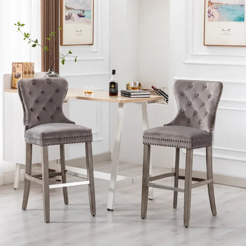 Carter Set of 2 Tufted Wingback Bar Stools with Nailhead Trim and Antique Grey Legs 18