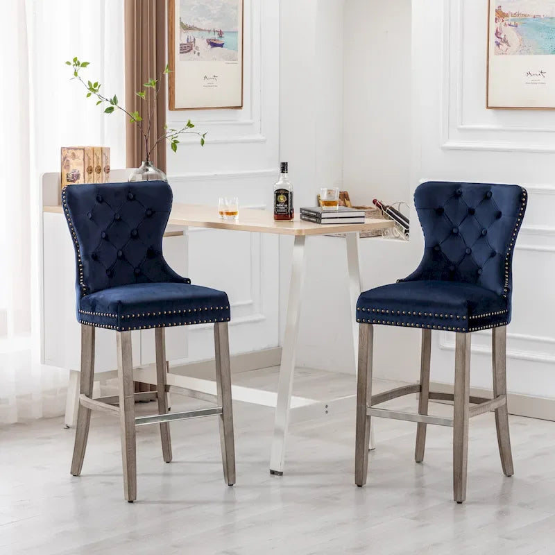Carter Set of 2 Tufted Wingback Bar Stools with Nailhead Trim and Antique Grey Legs 19