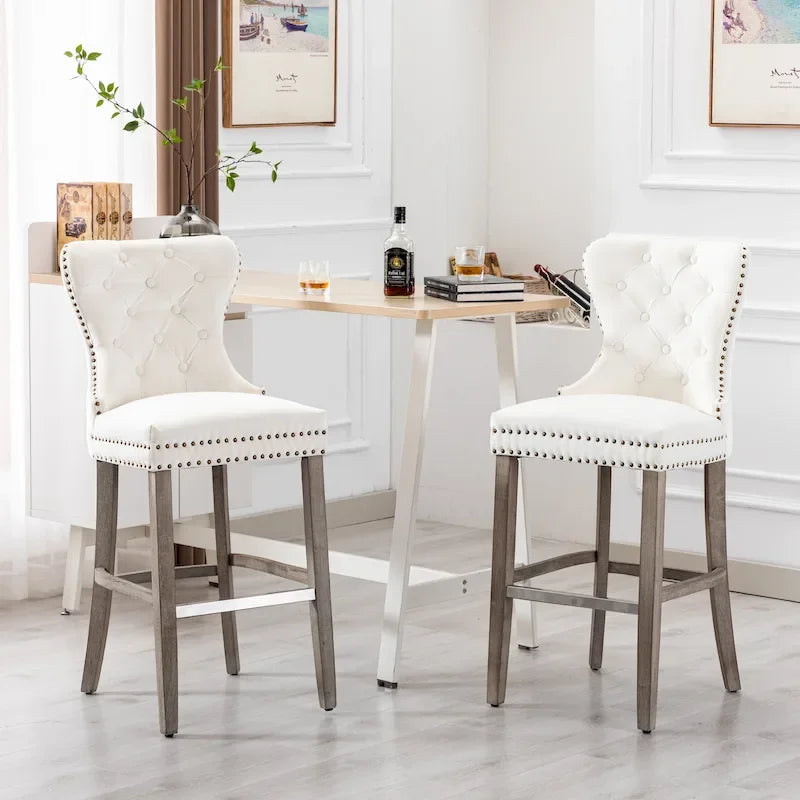 Carter Set of 2 Tufted Wingback Bar Stools with Nailhead Trim and Antique Grey Legs 20