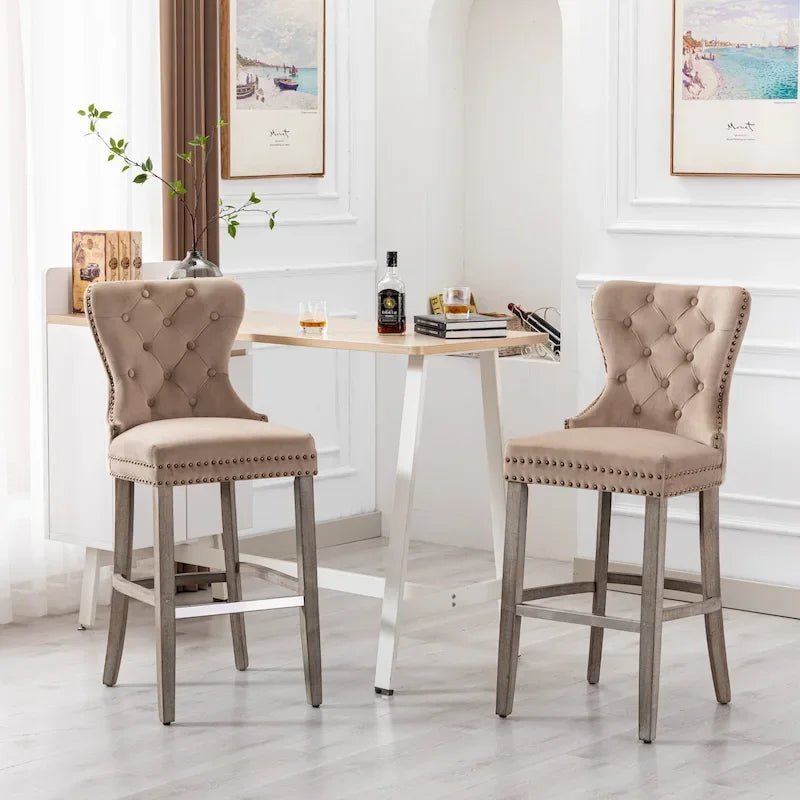 Carter Set of 2 Tufted Wingback Bar Stools with Nailhead Trim and Antique Grey Legs 21