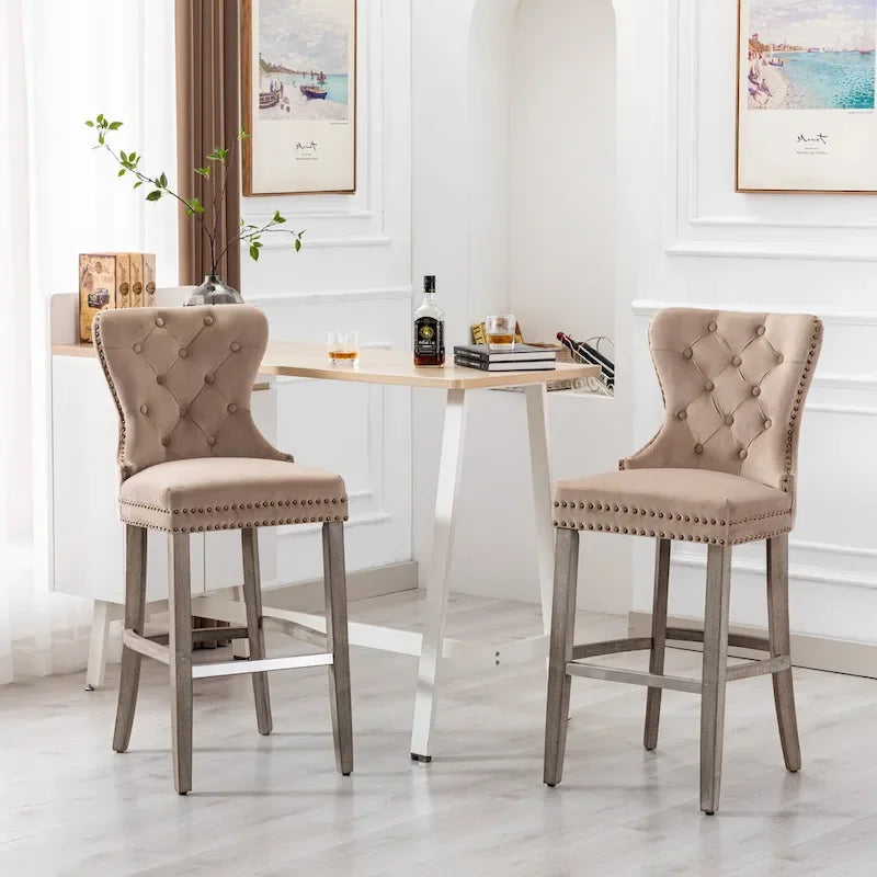 Carter Set of 2 Tufted Wingback Bar Stools with Nailhead Trim and Antique Grey Legs 1