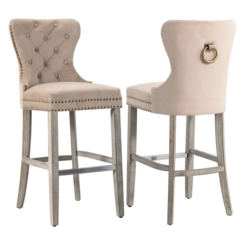 Carter Set of 2 Tufted Wingback Bar Stools with Nailhead Trim and Antique Grey Legs 3