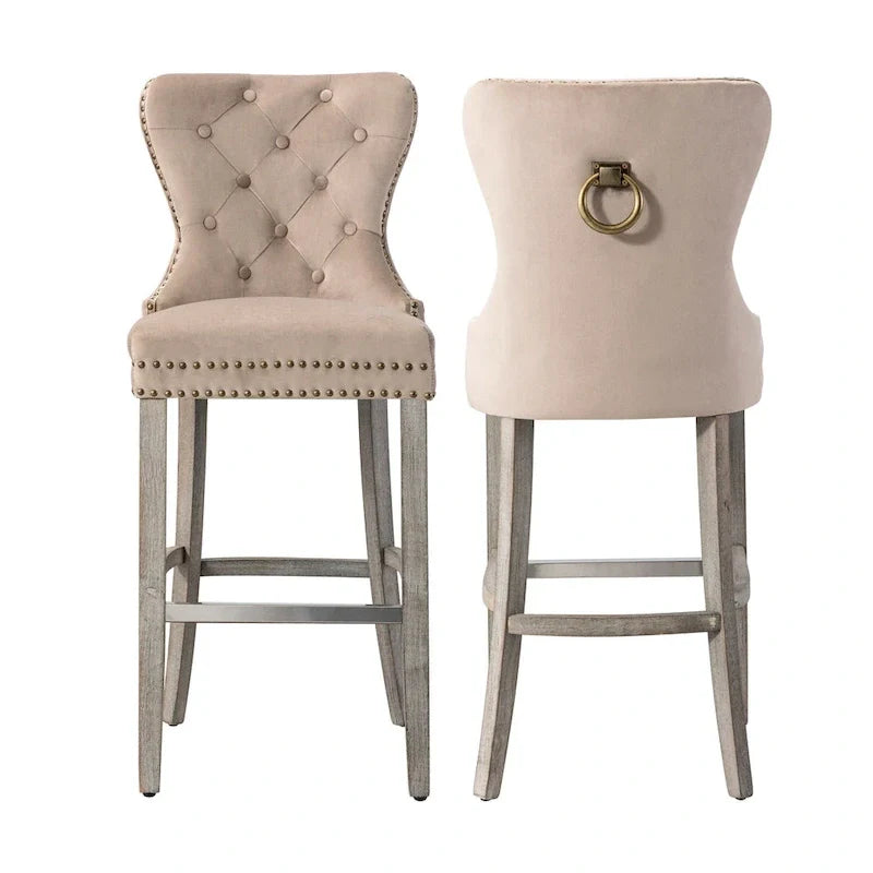 Carter Set of 2 Tufted Wingback Bar Stools with Nailhead Trim and Antique Grey Legs 4