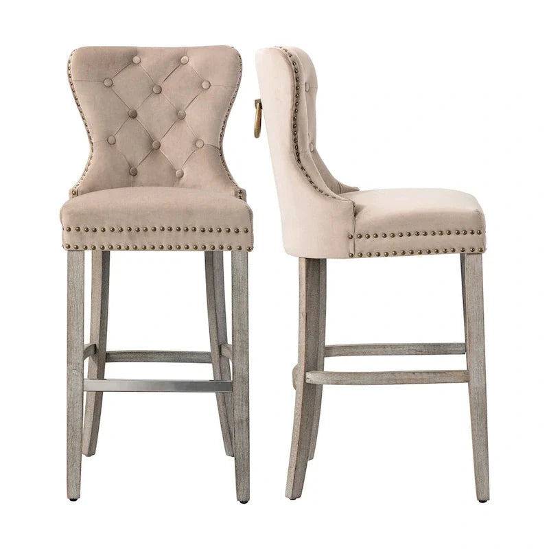 Carter Set of 2 Tufted Wingback Bar Stools with Nailhead Trim and Antique Grey Legs 5