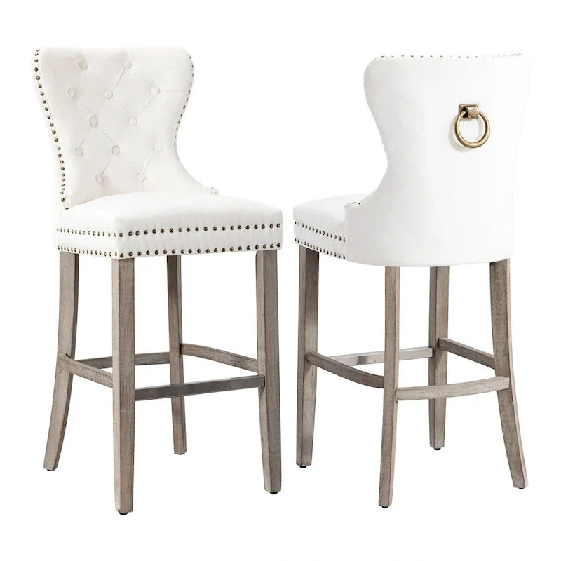 Carter Set of 2 Tufted Wingback Bar Stools with Nailhead Trim and Antique Grey Legs 7