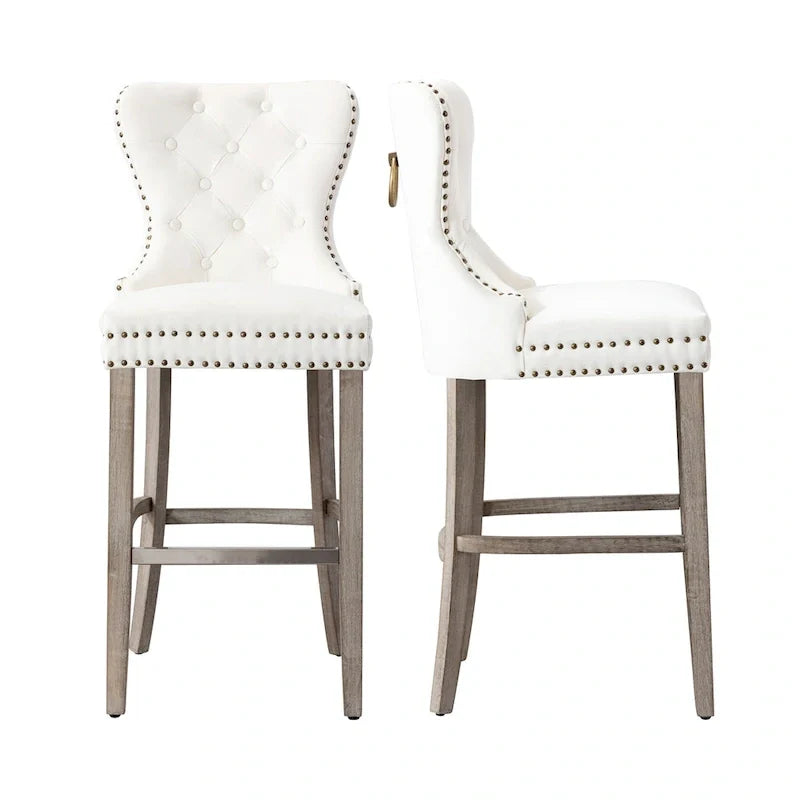 Carter Set of 2 Tufted Wingback Bar Stools with Nailhead Trim and Antique Grey Legs 9