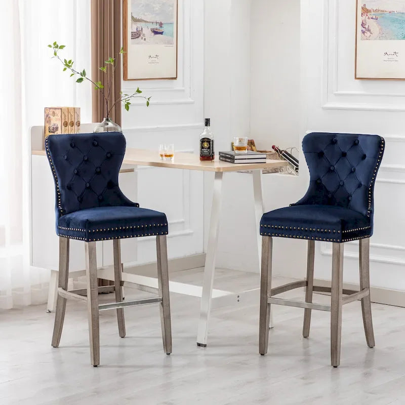 Carter Set of 2 Tufted Wingback Bar Stools with Nailhead Trim and Antique Grey Legs 10