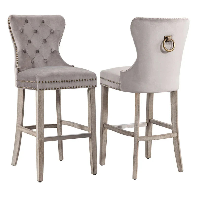 Carter Set of 2 Tufted Wingback Bar Stools with Nailhead Trim and Antique Grey Legs 15