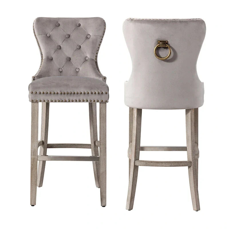 Carter Set of 2 Tufted Wingback Bar Stools with Nailhead Trim and Antique Grey Legs 16