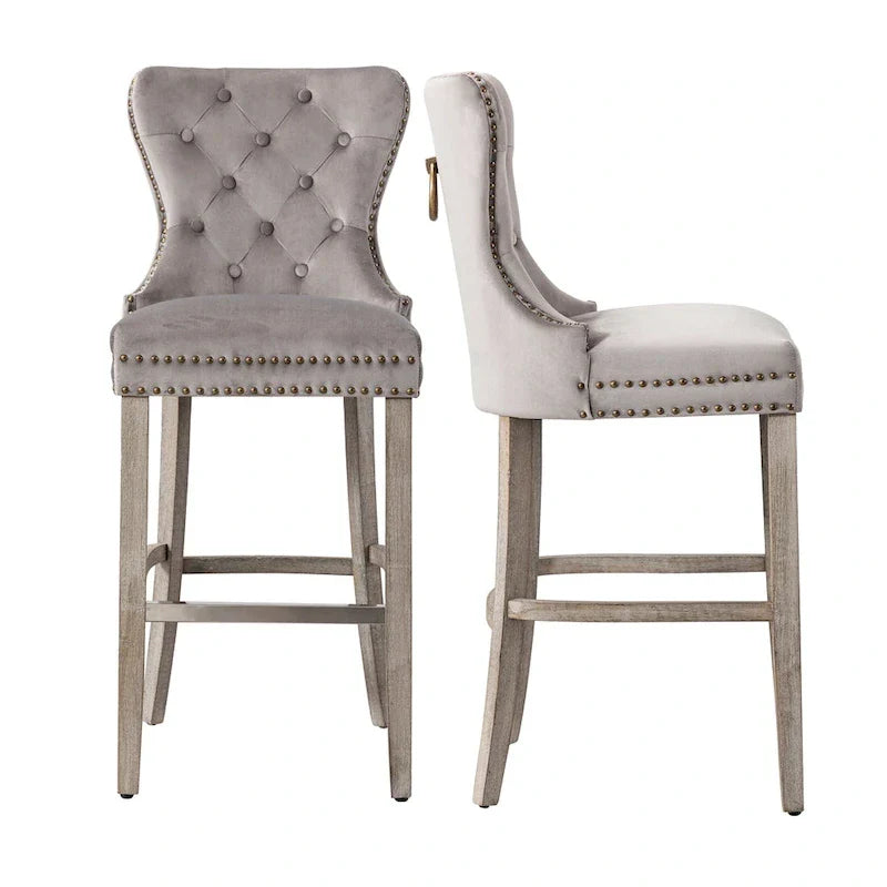 Carter Set of 2 Tufted Wingback Bar Stools with Nailhead Trim and Antique Grey Legs 17