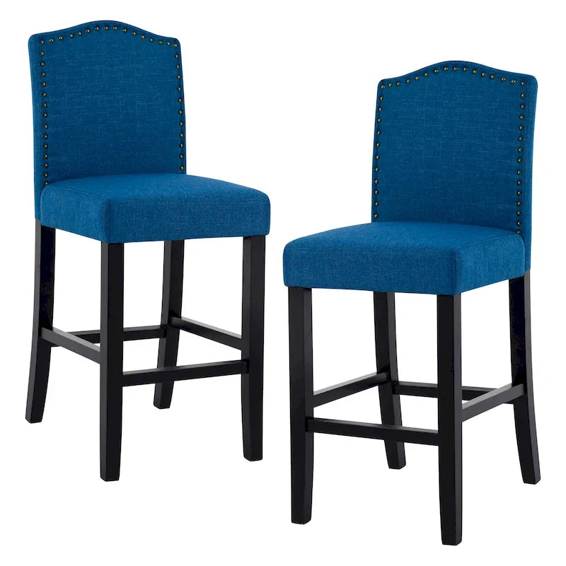 Set of 2 Counter Height Bar Stools with Back - 24-Inch Fabric Upholstered Design and Nailhead Trim 24