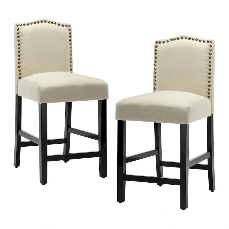 Set of 2 Counter Height Bar Stools with Back - 24-Inch Fabric Upholstered Design and Nailhead Trim 25