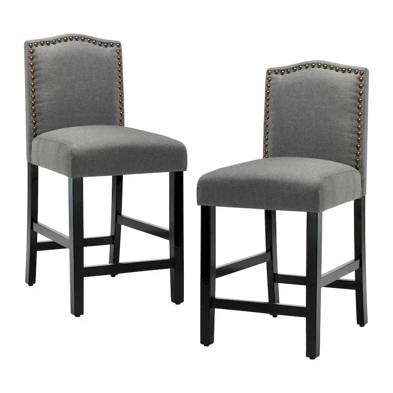 Set of 2 Counter Height Bar Stools with Back - 24-Inch Fabric Upholstered Design and Nailhead Trim 26