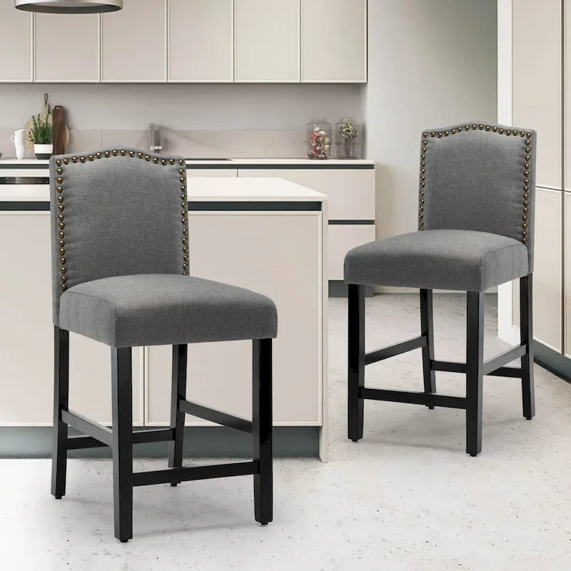 Set of 2 Counter Height Bar Stools with Back - 24-Inch Fabric Upholstered Design and Nailhead Trim 1